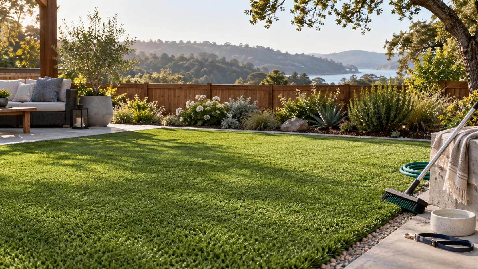 Fresh artificial turf in a Marin backyard with cleaning equipment nearby