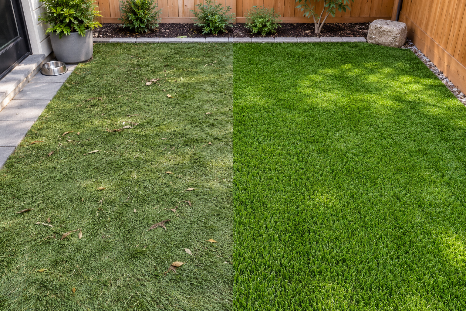 Synthetic turf shown before cleaning on one side and refreshed after cleaning on the other